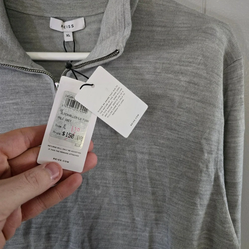 Reiss Blackhaller Quarter Zip Sweater‎ Mens XL Pale Grey Wool Blend Funnel Neck